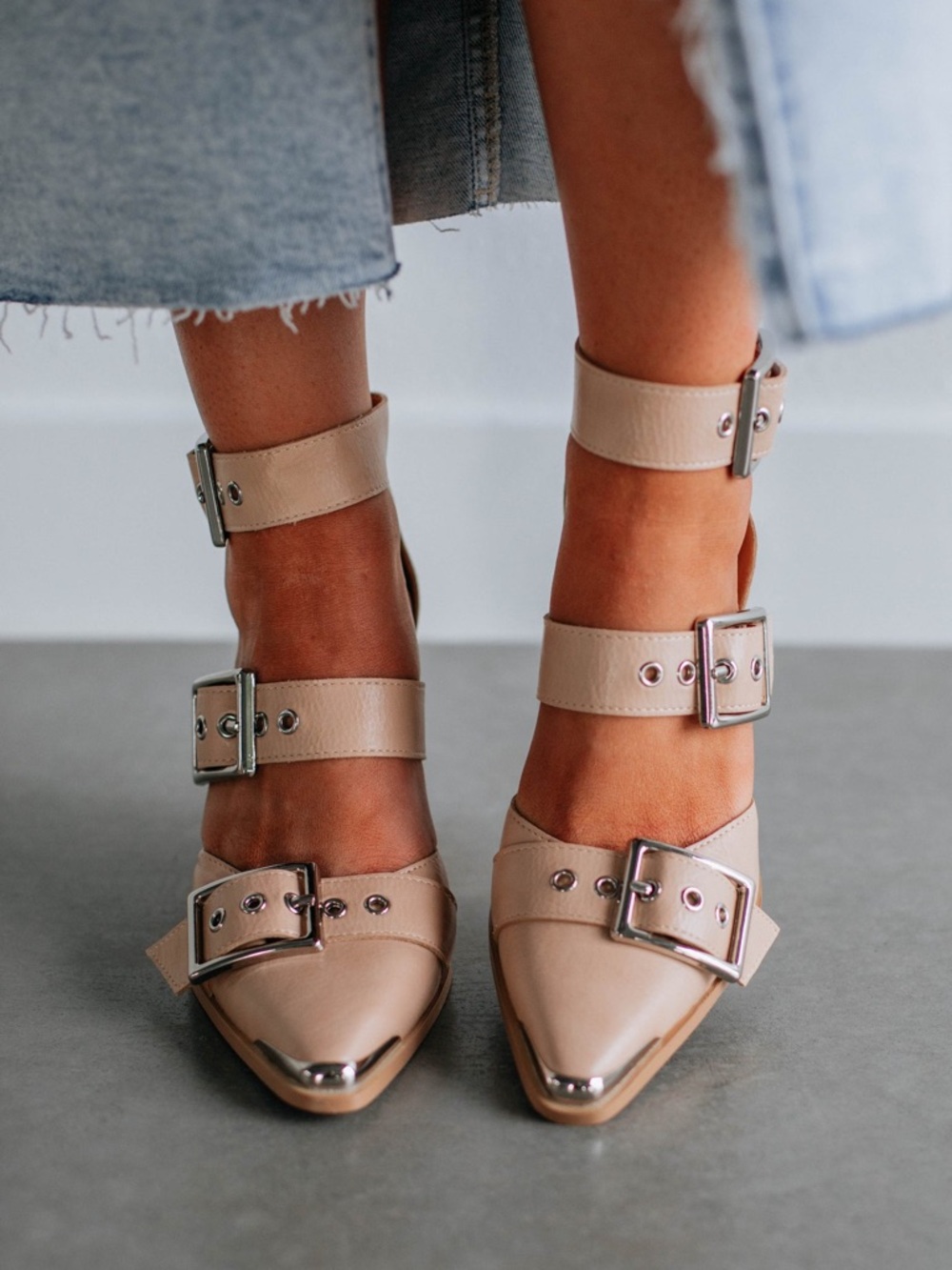 Mi.iM Nude Beige Pointed Buckle Ankle-Strap Heels